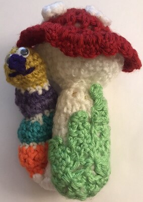 Handmade Crocheted Mushroom Figure with little worm - image1